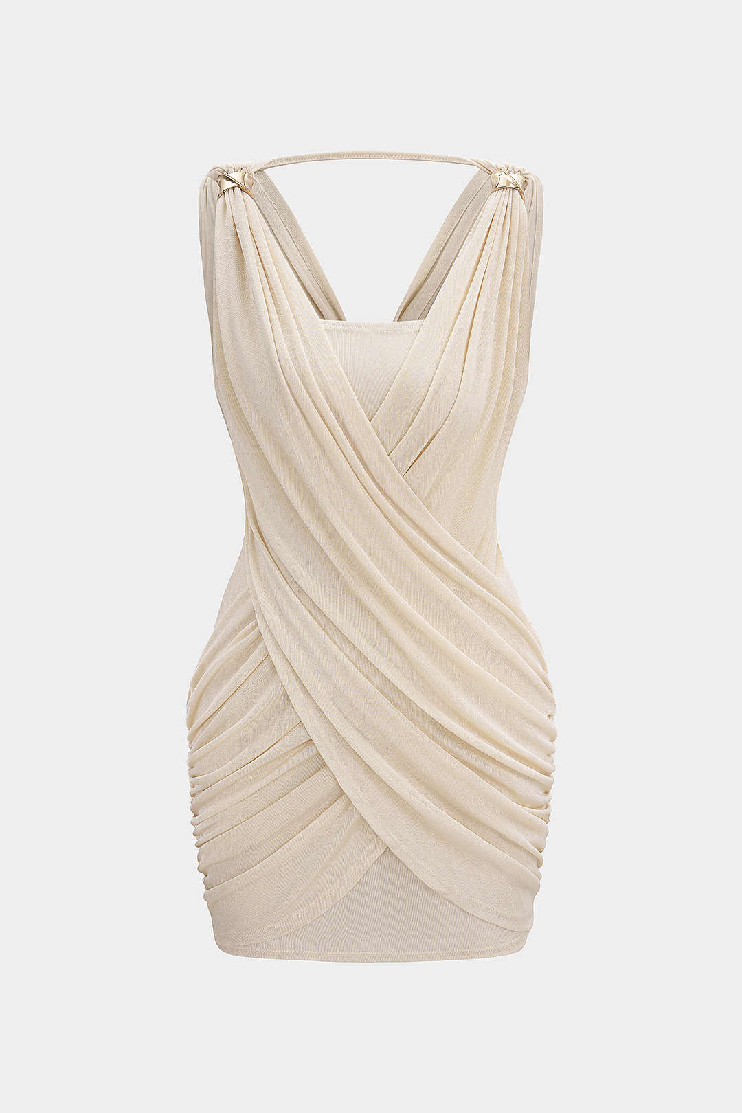 "Crossed V-Neck Ruched Metallic Decor Sleeveless Mini Dress"