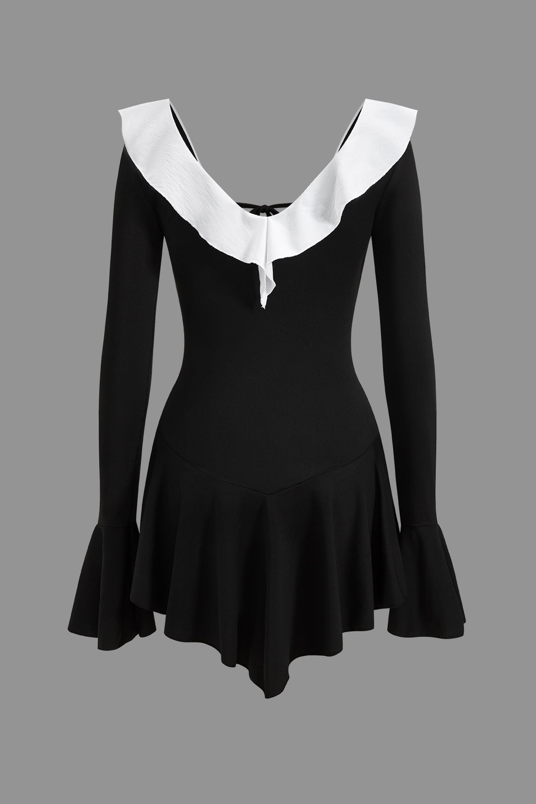 "Contrast Ruffle Neck Tie Front Bell Sleeve Mini Dress"