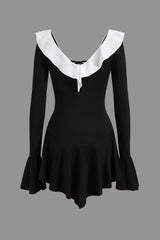 "Contrast Ruffle Neck Tie Front Bell Sleeve Mini Dress"