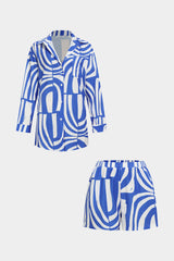 "Abstract Print Lapel Long Sleeve Shirt And Shorts Set"