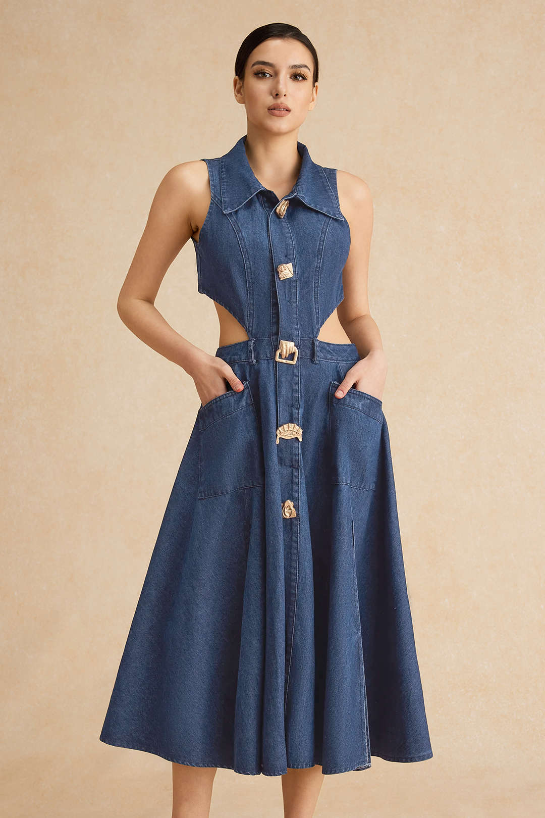 "Denim Button Cut Out Midi Dress"