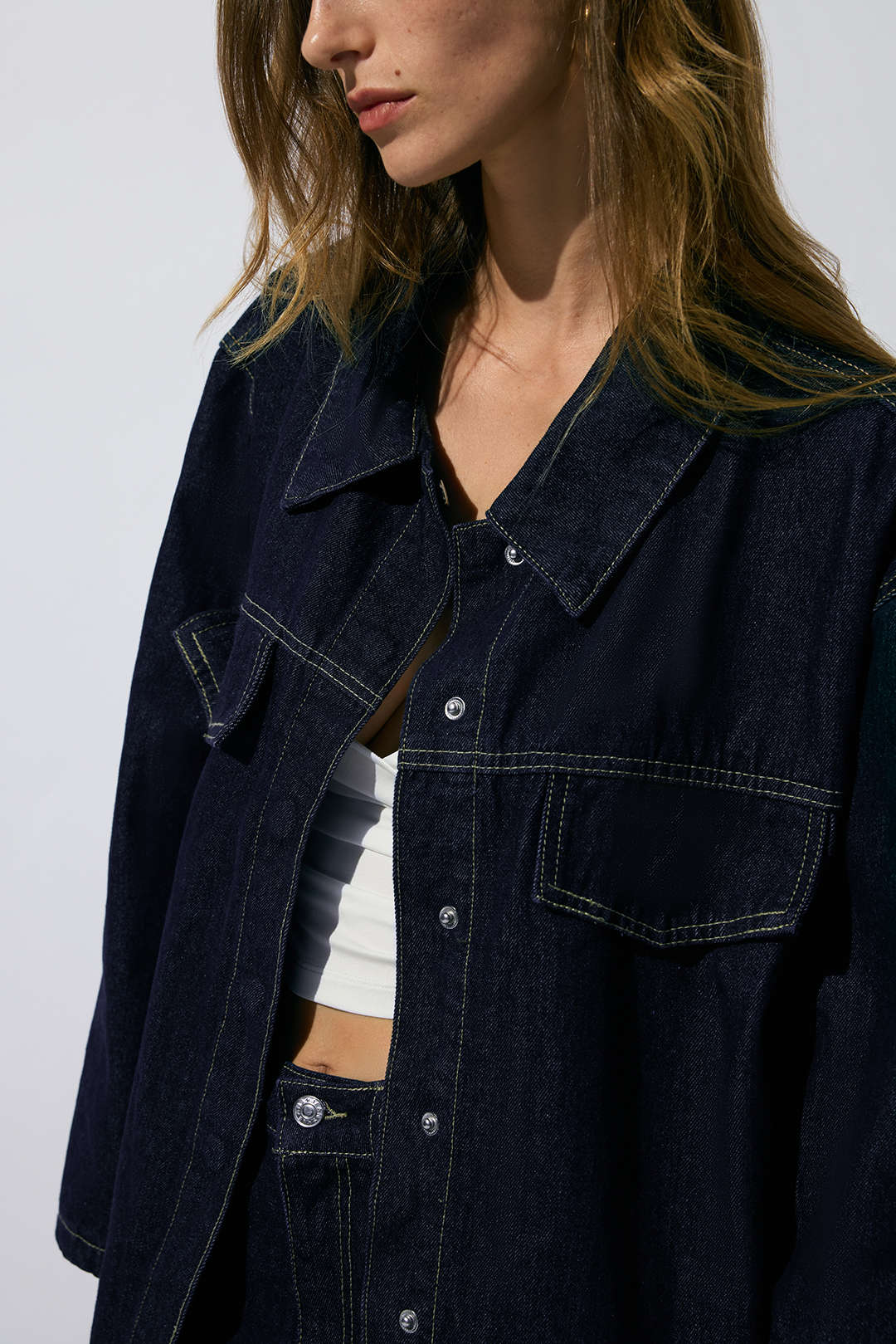 "Denim Belted Long Sleeve Shirt"
