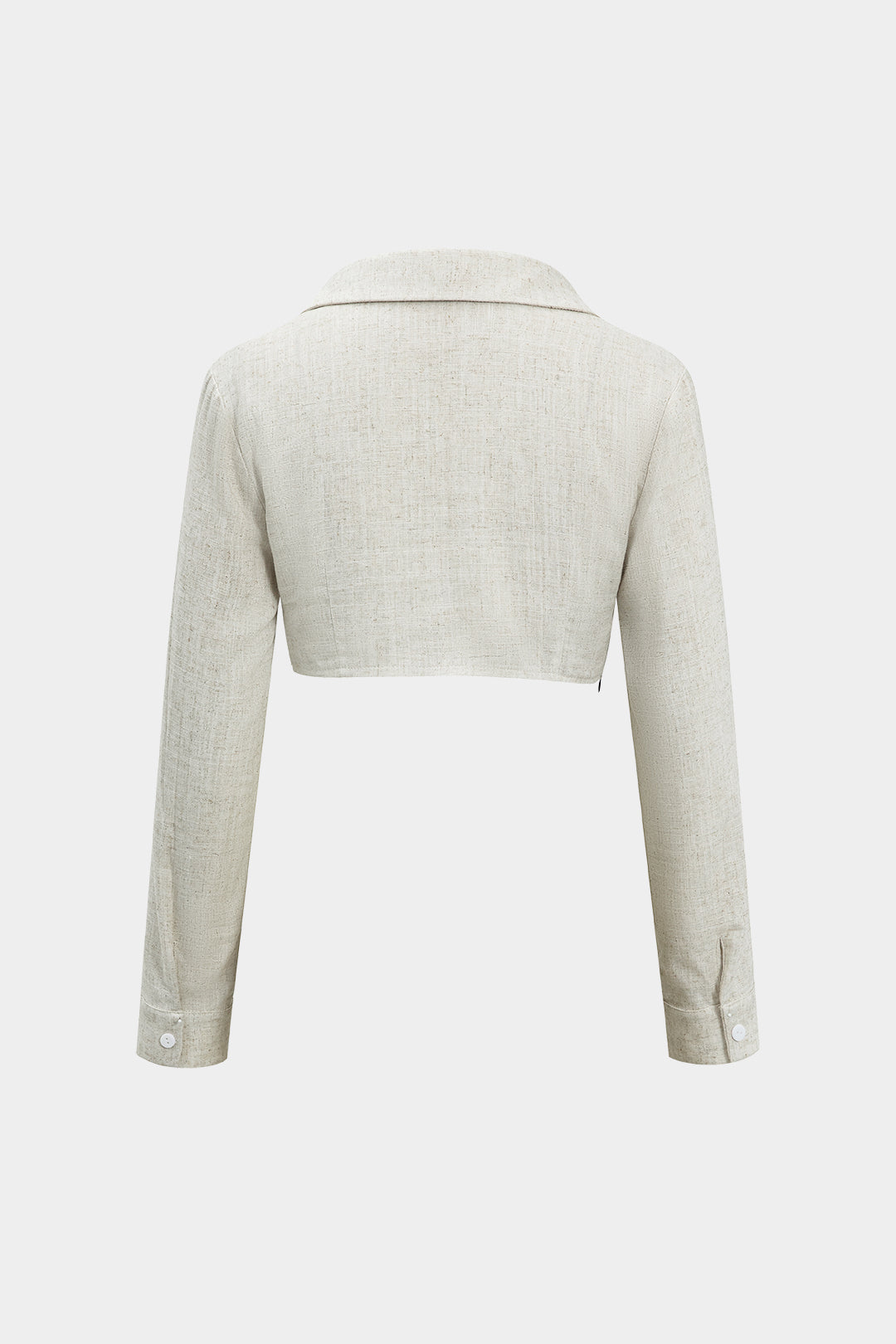 "Color Block Faux Leather Linen Ruched Long-Sleeve Shirt"