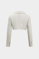 "Color Block Faux Leather Linen Ruched Long-Sleeve Shirt"