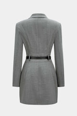 "Asymmetrical Notched Lapel Belted Long Sleeve Mini Dress"
