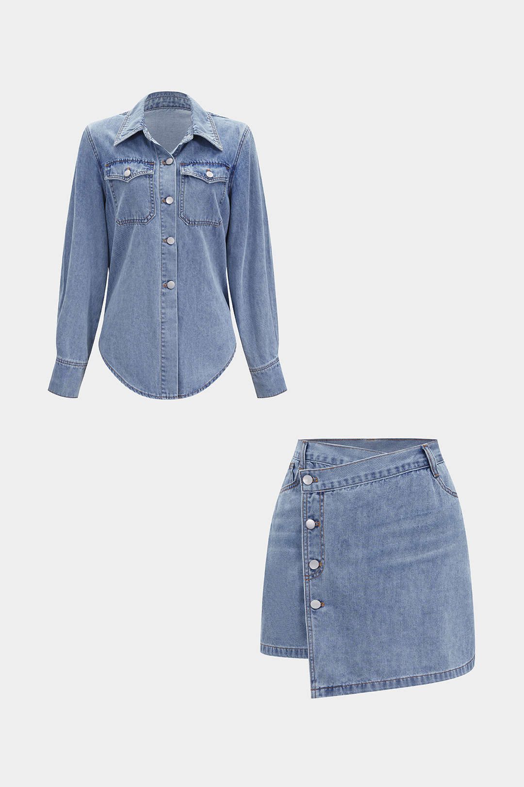 "Denim Button Long-Sleeve Top And High Waist Mini Skirt Set"