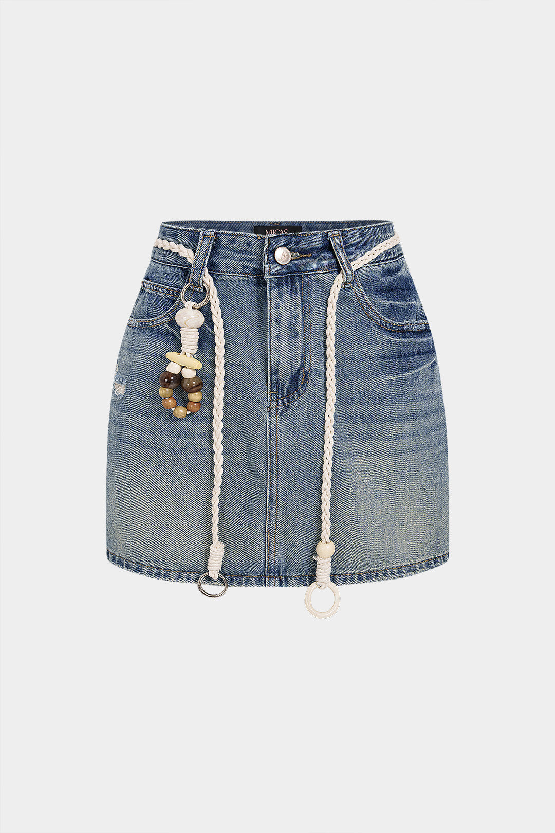 "Denim Braided Belted High Waist A-Line Skirt"