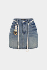 "Denim Braided Belted High Waist A-Line Skirt"