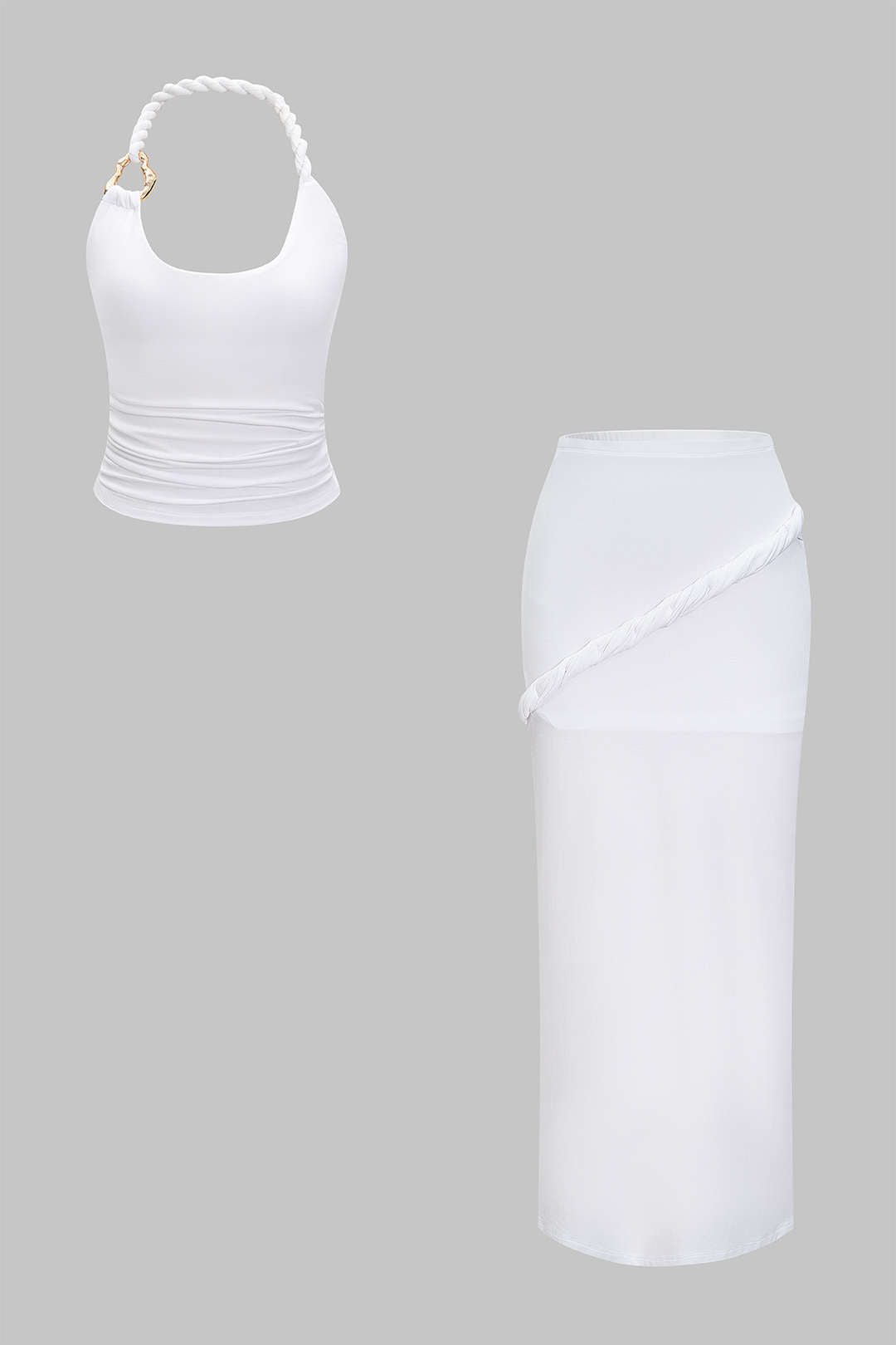 "Asymmetrical Twist Knot Metallic Skirt Set"
