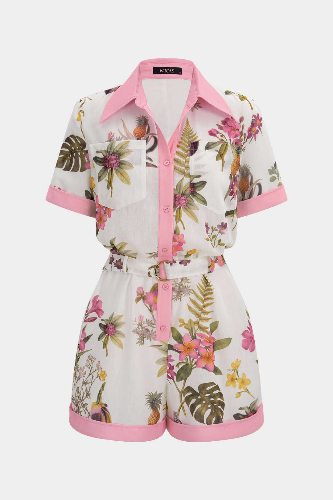 "Contrast Floral Print Button Pocket Short Sleeve Wide Leg Romper"