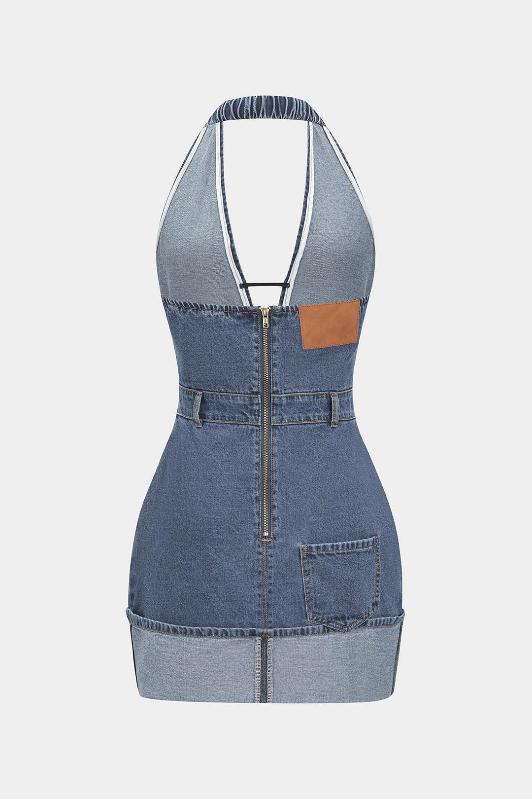 "Denim Backless Washed Zipper Halter Mini Dress"