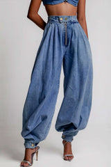 "Denim High Waist Zipper Barrel Balloon Jeans"