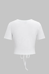 "Coconut Palm Letter Print Round Neck Drawstring Ruched Short Sleeve T-Shirt"