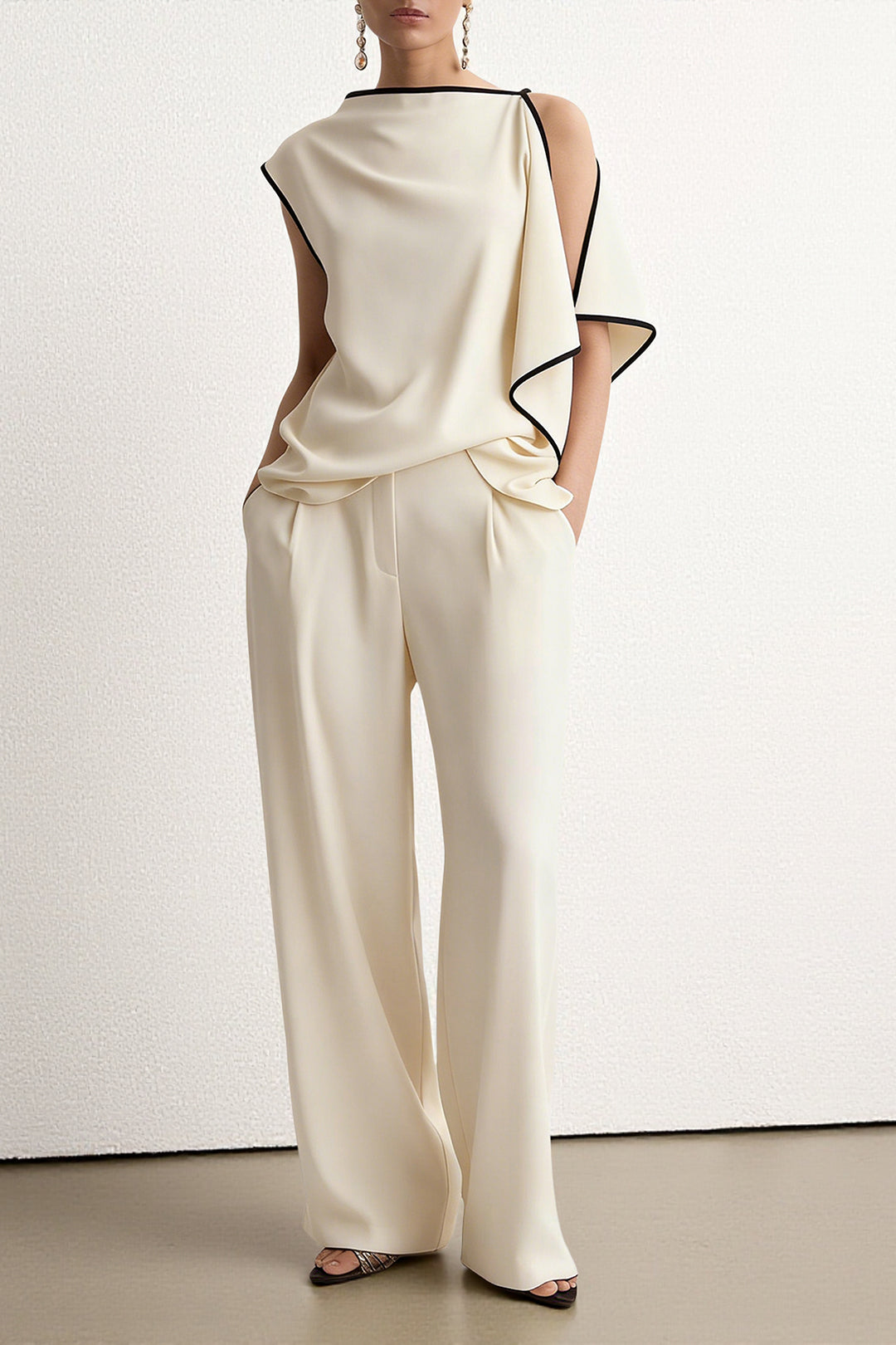 "Contrast Binding Asymmetrical Tank Top And Straight Leg Pants"