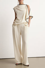 "Contrast Binding Asymmetrical Tank Top And Straight Leg Pants"