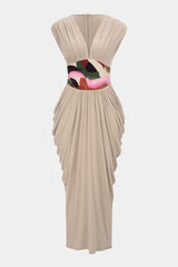 "Abstract Print V-Neck Ruched Zipper Sleeveless Maxi Dress"