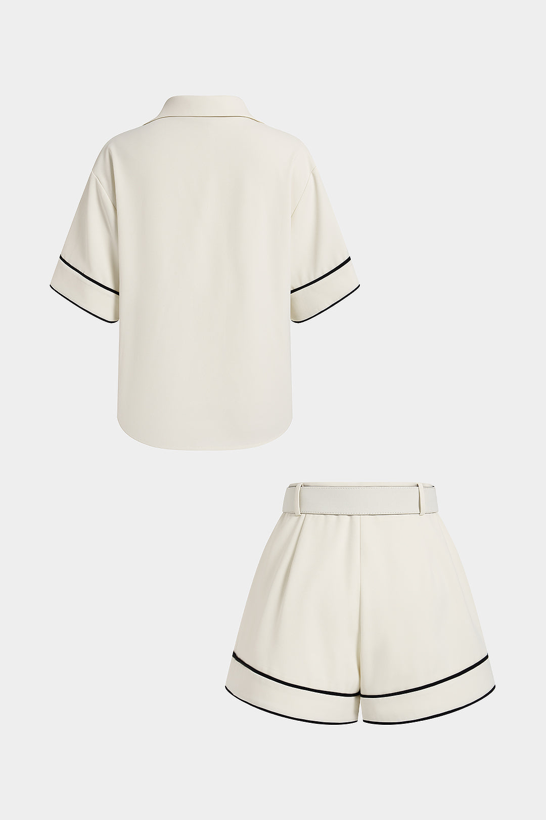 "Contrast Flower Applique Short Sleeve Shirt And Belted Shorts Set"