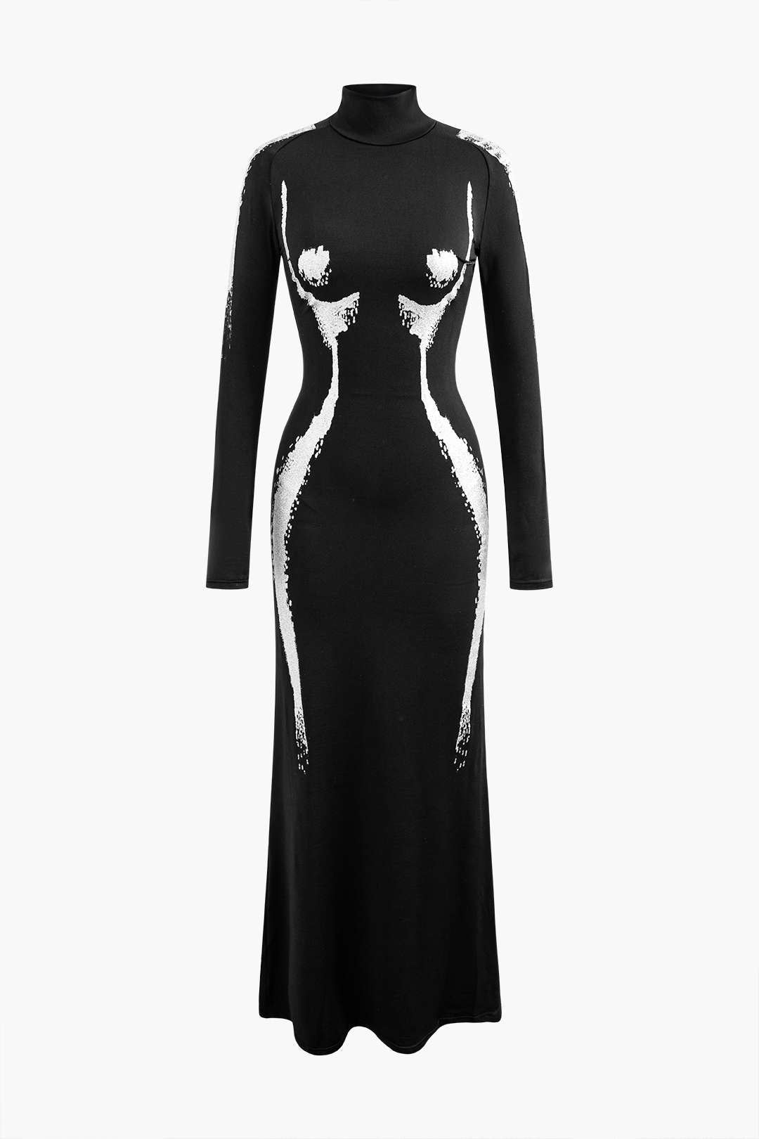 "Body Print Turtle Neck Long Sleeve Maxi Dress"