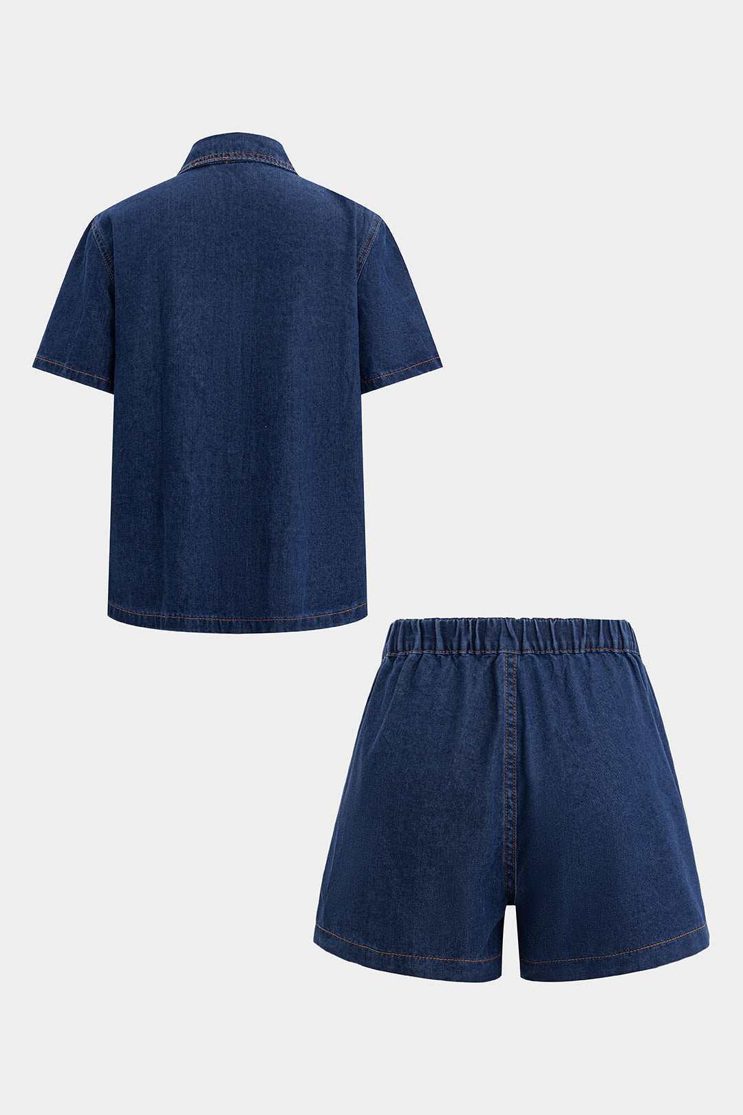 "Denim Button Short-Sleeve Shirt And Pocket Shorts Set"