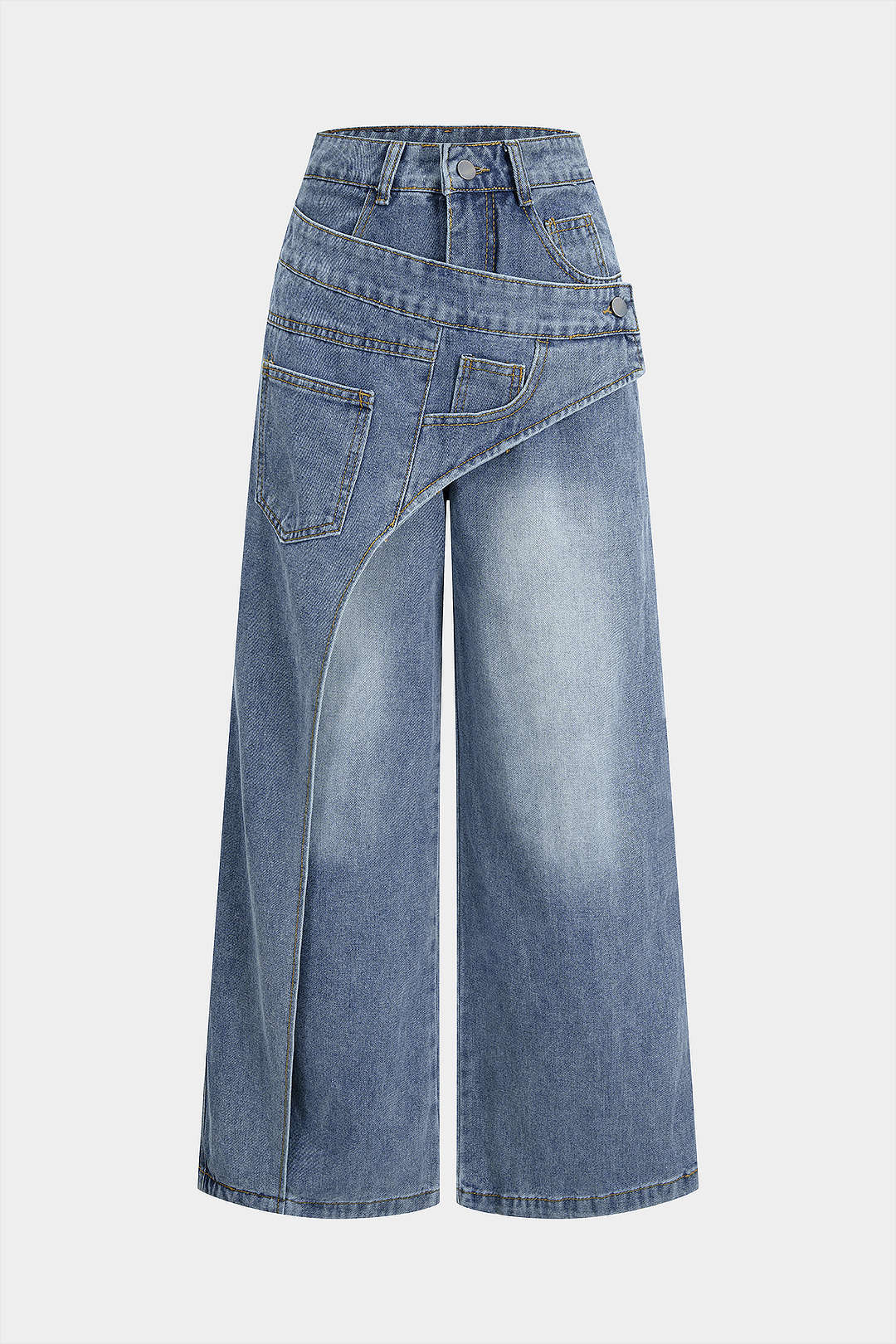 "Denim Button Zipper Pocket Straight Leg Jeans"