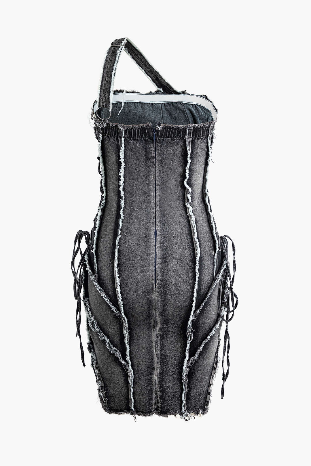 "Asymmetric Frayed Denim Mini Dress"