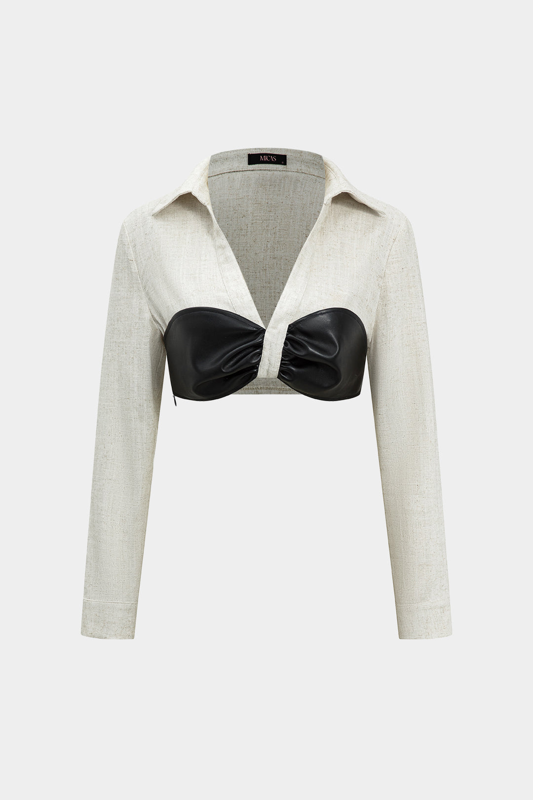 "Color Block Faux Leather Linen Ruched Long-Sleeve Shirt"