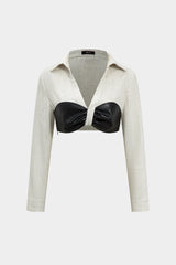 "Color Block Faux Leather Linen Ruched Long-Sleeve Shirt"