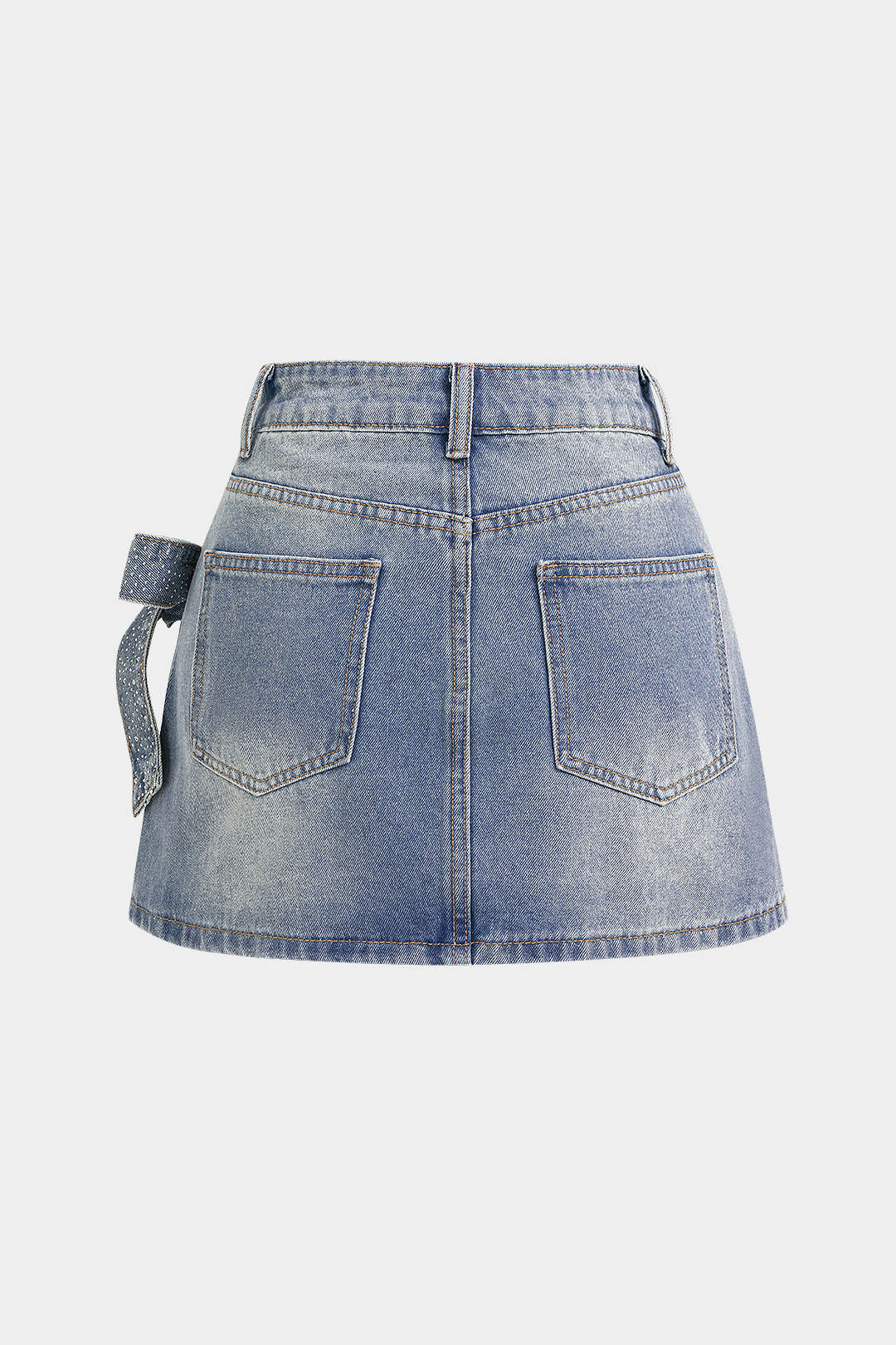 "Denim Asymmetrical Rhinestone Bow Skirt"