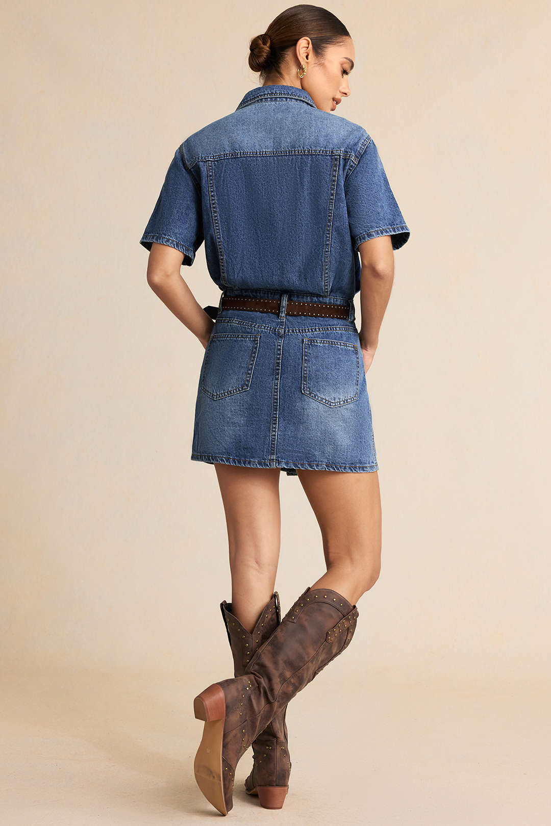 "Denim Button Pocket Belted Short Sleeve Mini Dress"