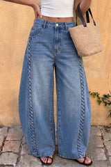 "Denim Braided Pocket Zipper Barrel Jeans"