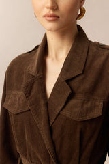 "Corduroy Notched Lapel Button Pocket Belted Long Sleeve Midi Dress"
