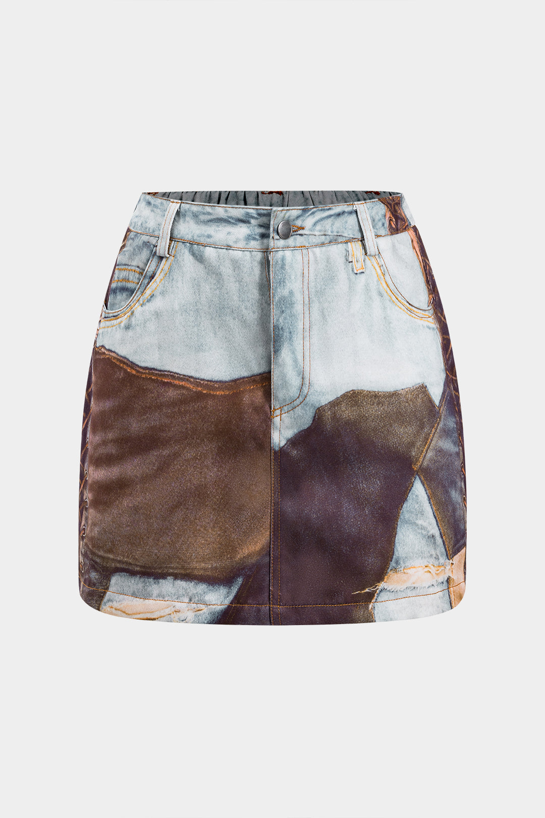 "Abstract Print Ruched Button Pocket Skirt"