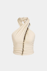 "Beaded Crossed Halter Neck Tie-Up Tank Top"