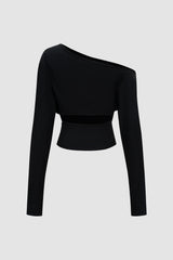 "Cut Out Asymmetrical Neck Ruched Long-Sleeve Top"