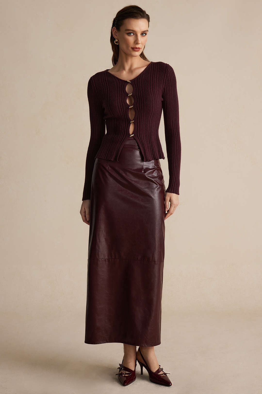 "Basic Solid Faux Leather Midi Skirt"