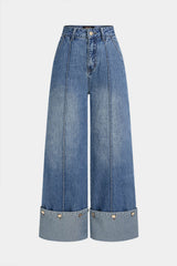 "Denim Button Straight Leg Jeans"
