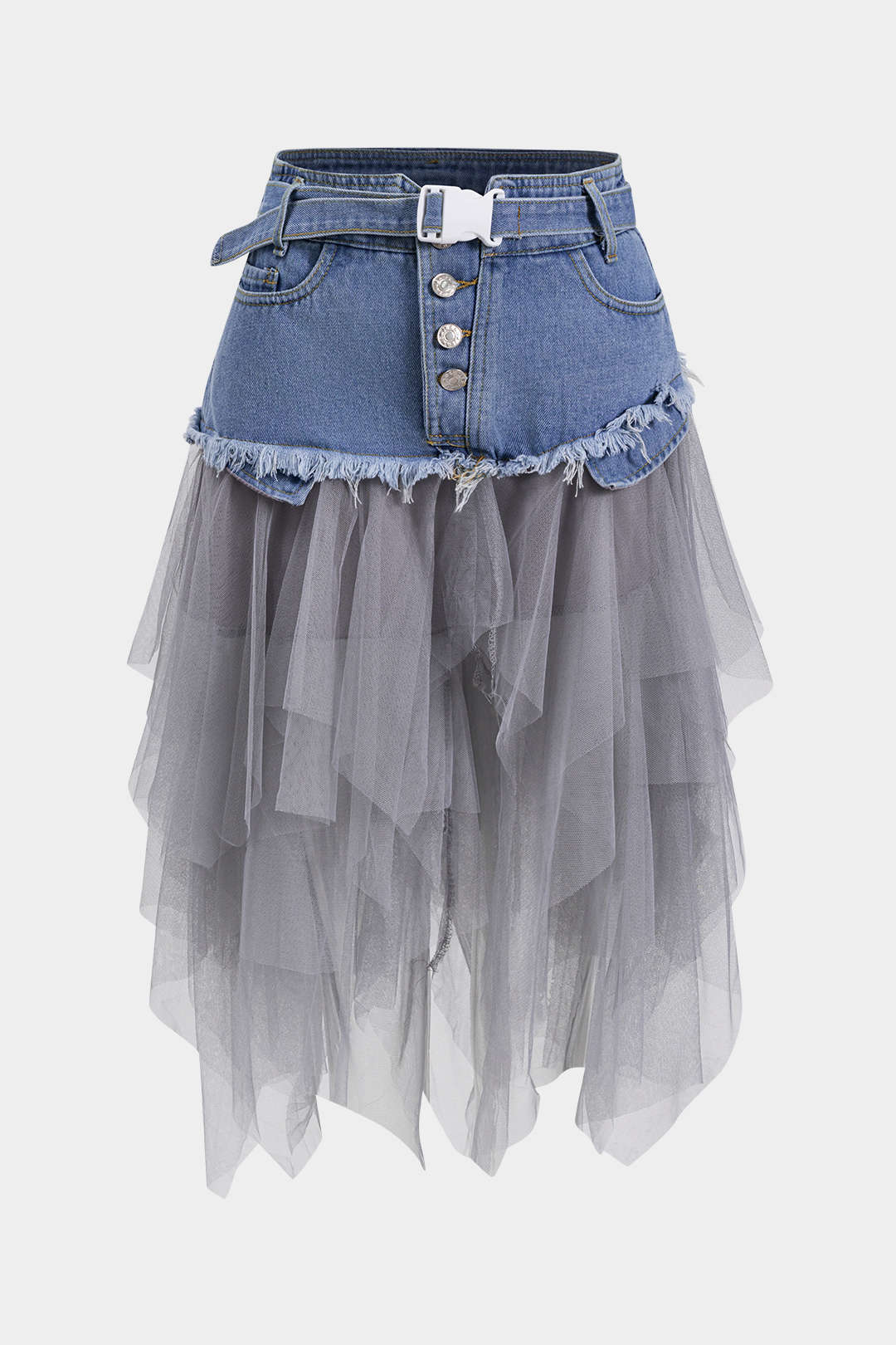 "Denim Mesh Patchwork Belted Button Pocket Skirt"