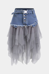 "Denim Mesh Patchwork Belted Button Pocket Skirt"