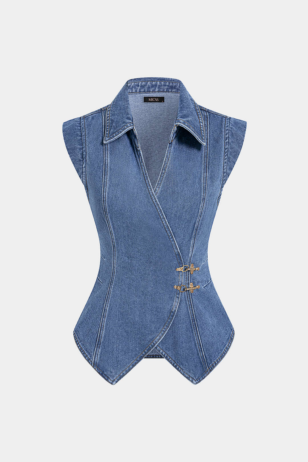 "Denim Lapel V-Neck Wrap Buckle Vest"