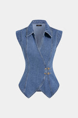 "Denim Lapel V-Neck Wrap Buckle Vest"