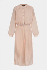 "Chiffon Round Neck Belted Pleated Long Sleeve Midi Dress"