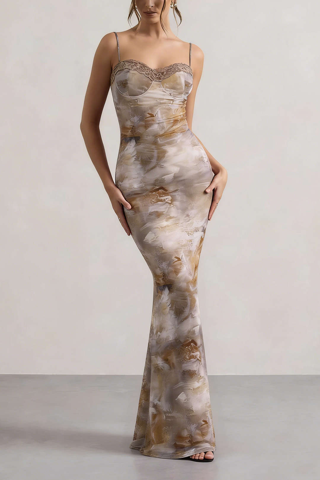 "Abstract Print Patchwork Lace Trim Bustier Sleeveless Maxi Dress"