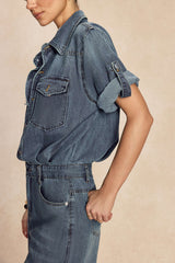 "Denim Lapel Short Sleeve Straight Leg Jumpsuit"