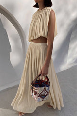 "Chiffon Round Neck Ruched Tank Top And Maxi Skirt Set"