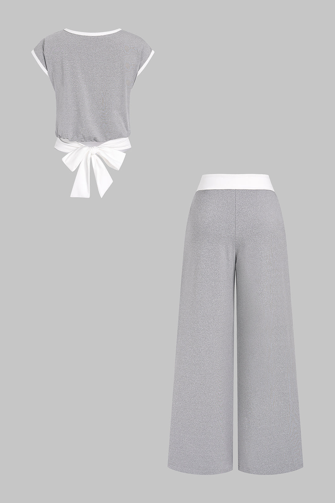 "Contrast Round Neck Short Sleeve T-Shirt And Ruched Wide Leg Pants"