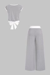 "Contrast Round Neck Short Sleeve T-Shirt And Ruched Wide Leg Pants"