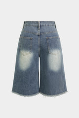 "Denim Frayed Eyelet Wide Leg Shorts"