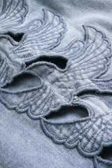 "Denim Cut Out Bird Applique Pocket Jeans"
