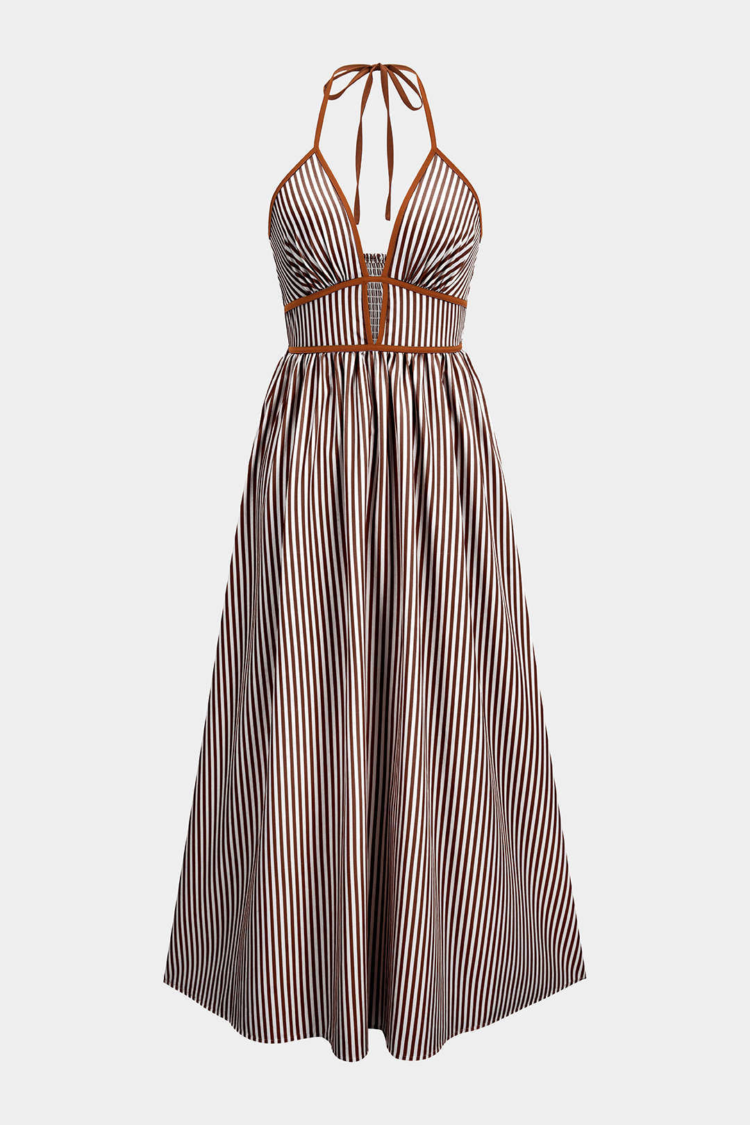 "Contrast Stripes Print V-Neck Halter Neck Sleeveless Maxi Dress"