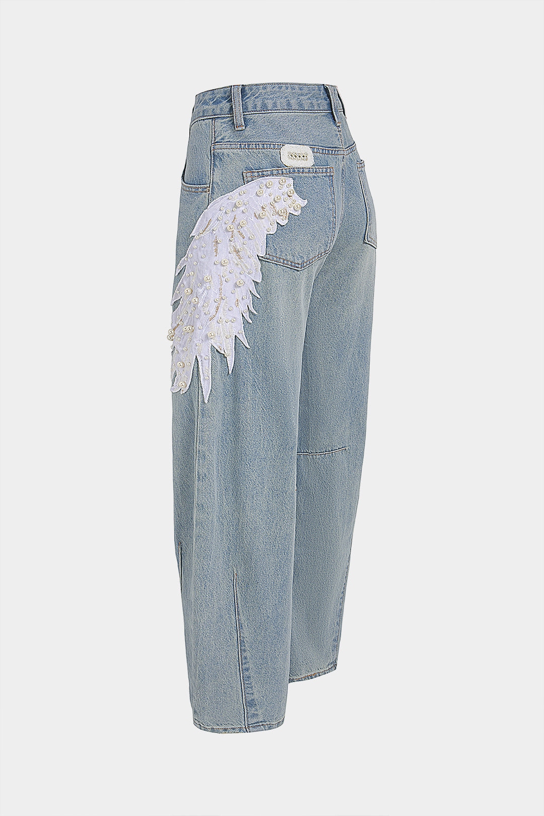 "Denim Feather Pearls Decor Wide Leg Jeans"
